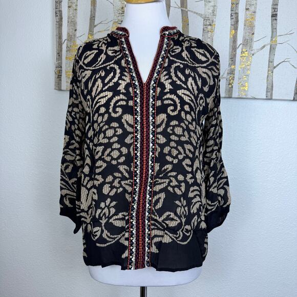 Karyn Seo Embroidered Tunic Top Blouse Floral Paisley Black Cream Small - Picture 1 of 6